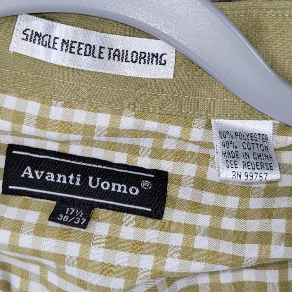 Avanti Uomo Mens Dress Shirt Olive Gingham French Cuff 17.5 36/37 Cotton Blend - Picture 3 of 9
